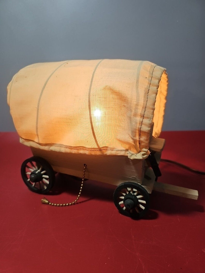Vintage Wooden Covered Wagon Lamp, Working, Hand Painted Americana Folk