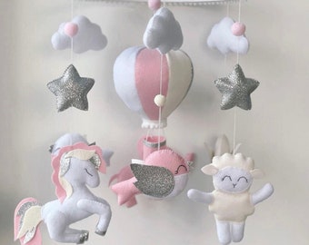 Mobile air balloon Mobile for girl Birds elephant lamb horse in the clouds Girl‘s room decor Pink elephant Silver stars Pregnancy gift