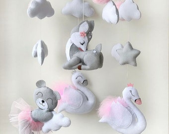Deer swan bear baby mobile Cot mobile Nursery decor for girl Pregnancy gift Mobile with fluffy balls Baby shower gift Mobile with clouds
