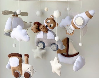 Neutral mobile animals lion tiger Nursery felt baby mobile Neutral baby mobile Mobile for boy Car space rocket helicopter train ship