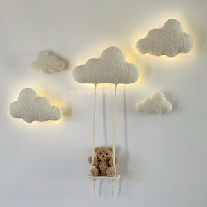 Wall soft decor light set clouds bear boucle Nursery neutral gender decor Soft wall decor Teddy bear clouds decor walls Nursery decor bear
