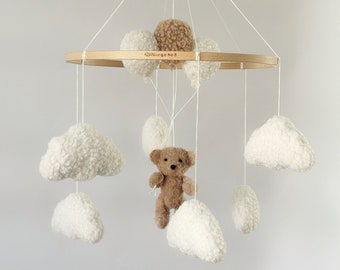 Mobile Teddy Bear with balloons boucle Clouds Boucle Neutral gender mobile Nursery decor boucle Pregnancy gift Clouds mobile Brown bear