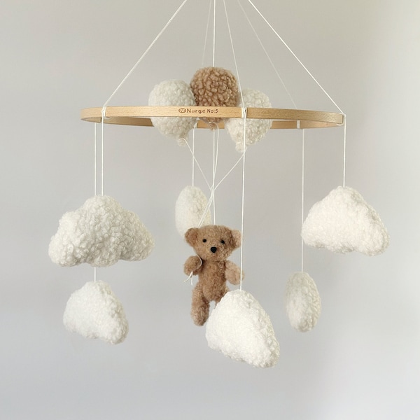 Mobile Teddy Bear with balloons boucle Clouds Boucle Neutral gender mobile Nursery decor boucle Pregnancy gift Clouds mobile Brown bear