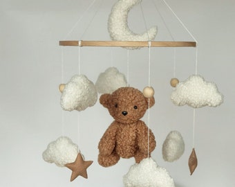 Teddy bear boucle baby mobile Moon and clouds boucle nursery Neutral gender mobile Baby mobile neutral Gift for a baby Baby boucle