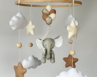 Mobile elephant Nursery safari elephant Active baby elephant Mobile clouds and stars Elephant with balloons Neutral nursery decor