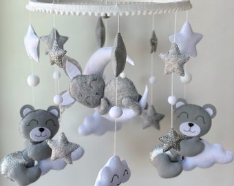 Gray bunny mobile on the moon Mobile baby bear on clouds White moon and clouds mobile  Nursery decor Baby mobile neutral animals Crib mobile