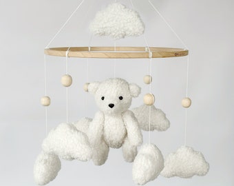 Teddy bear boucle baby mobile Clouds boucle nursery Neutral gender mobile Baby mobile neutral Gift for a baby Baby boucle Neutral nursery