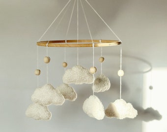 Boucle Baby Mobile Clouds baby mobile Neutral nursery decor Baby mobile with clouds Boucle clouds Handmade mobile from boucle Newborn gift