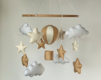 Neutral nursery decor Hot Air balloon Mobile air balloon clouds and stars beige Mobile for neutral nursery room in the style of air balloons