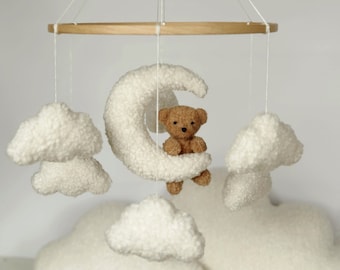 Boucle Teddy Bear Mobile: Neutral Nursery Decor, Clouds and Bear