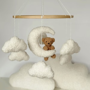 Mobile Teddy Bear boucle Clouds Boucle Neutral gender mobile Nursery decor boucle Pregnancy gift Clouds mobile Brown bear mobile zdjęcie 1