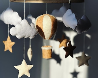 Air balloon mobile baby Neutral baby mobile Nursery felt baby mobile Nursery decor Clouds and stars mobile Nursery decor Baby shower gift