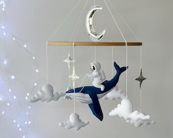 Space Baby Mobile: Felt Whale, Astronaut, Moon & Stars Crib Decor