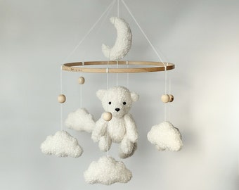 Teddy bear boucle baby mobile Moon and clouds boucle nursery Neutral gender mobile Baby mobile neutral Gift for a baby Baby boucle