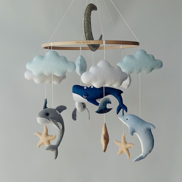 Whale Baby Mobile, Ocean Nursery Mobile Crib Mobile  Narwhal Baby Mobile Felt Dolphin Mobile Neutral nursery mobile Boy narwhal dolphin Sea