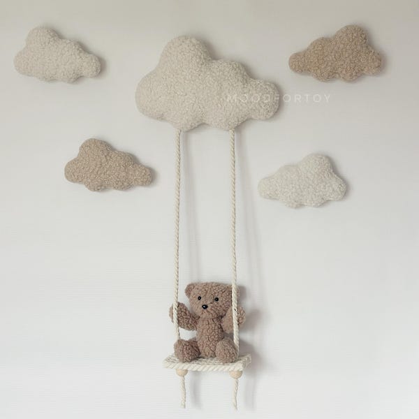 Boucle Teddy Bear on Swing: Nursery Cloud Wall Decor
