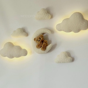 Nursery wall decor Night Light set nursery Bear moon clouds boucle Teddy bear nursery lamp Soft wall decor neutral gender Hanging wall decor