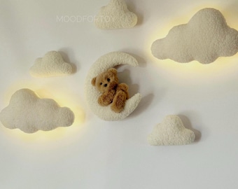 Boucle Bear Nursery Decor: Moon & Clouds Night Light