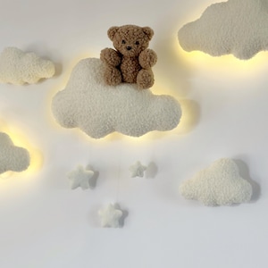 Wall soft decor light set clouds bear stars Nursery neutral gender decor Soft wall decor Teddy bear clouds decor walls Nursery decor stars