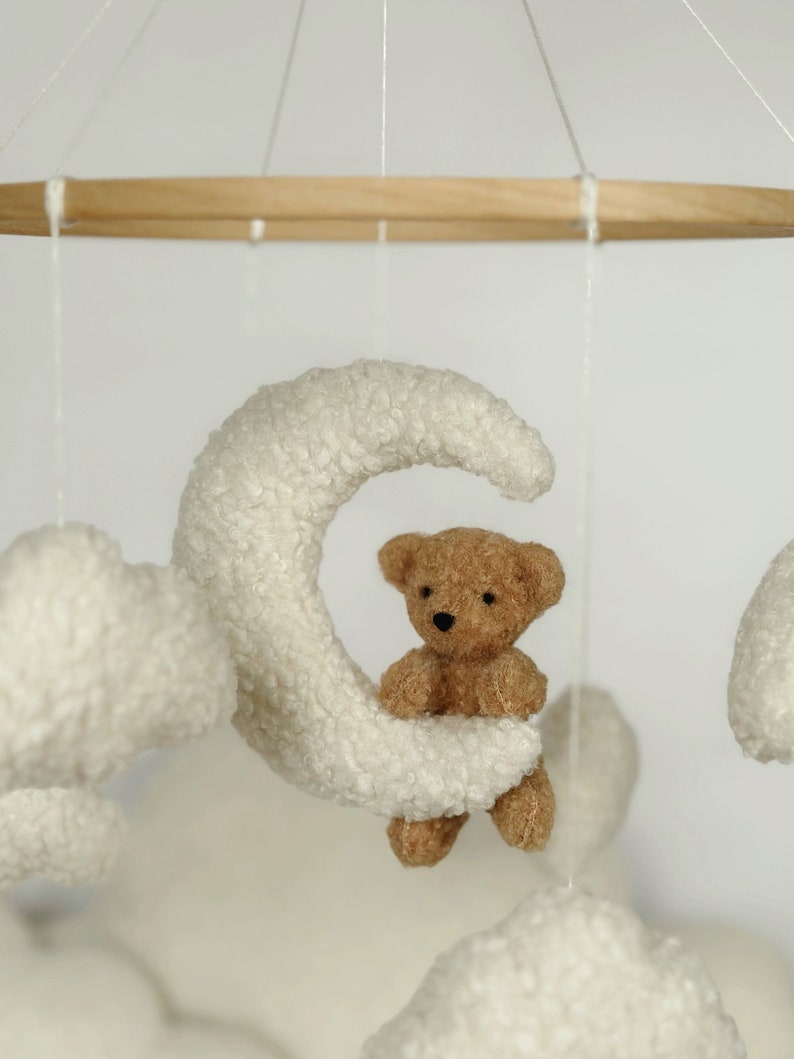 Mobile Teddy Bear boucle Clouds Boucle Neutral gender mobile Nursery decor boucle Pregnancy gift Clouds mobile Brown bear mobile zdjęcie 6