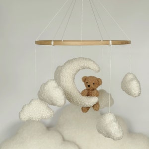 Mobile Teddy Bear boucle Clouds Boucle Neutral gender mobile Nursery decor boucle Pregnancy gift Clouds mobile Brown bear mobile zdjęcie 8