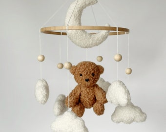 Teddy bear boucle baby mobile Moon and clouds boucle nursery Neutral gender mobile Baby mobile neutral Gift for baby Baby boucle Mobile bear