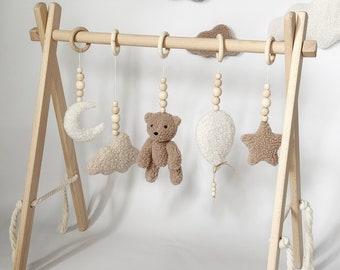 Baby gym boucle Teddy Bear Balloons Moon Star Cloud Baby gym set Handing sensory toys Toddler activity centre Wooden frame baby Baby gym toy