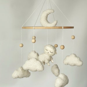 Baby mobile sheep lamb boucle Neutral gender crib mobile Boucle clouds moon sheep Mobile fluffy sheep Nursery on the farm Baby shower gift zdjęcie 6