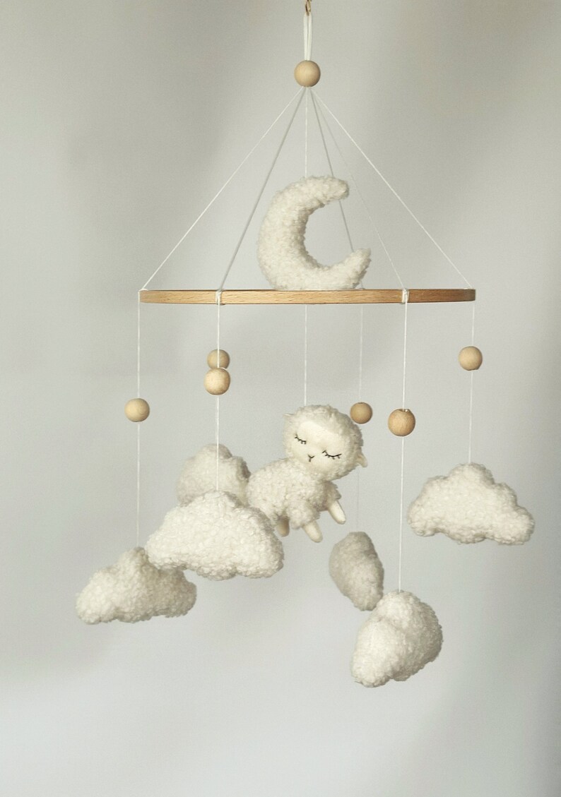 Baby mobile sheep lamb boucle Neutral gender crib mobile Boucle clouds moon sheep Mobile fluffy sheep Nursery on the farm Baby shower gift zdjęcie 6