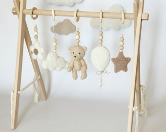 Baby gym boucle Teddy Bear Balloons Moon Star Cloud Baby gym set Handing sensory toys Toddler activity centre Wooden frame baby Baby gym toy