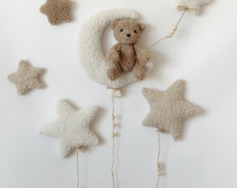 Decoração de parede para quarto de bebê com lua e estrelas de ursinho de pelúcia: tecido bouclé neutro