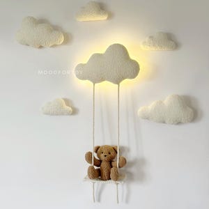 Wall soft decor big light set clouds bear  Nursery neutral gender decor Soft wall decor Teddy bear clouds decor walls Nursery decor bear