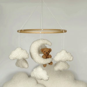 Mobile Teddy Bear boucle Clouds Boucle Neutral gender mobile Nursery decor boucle Pregnancy gift Clouds mobile Brown bear mobile zdjęcie 3