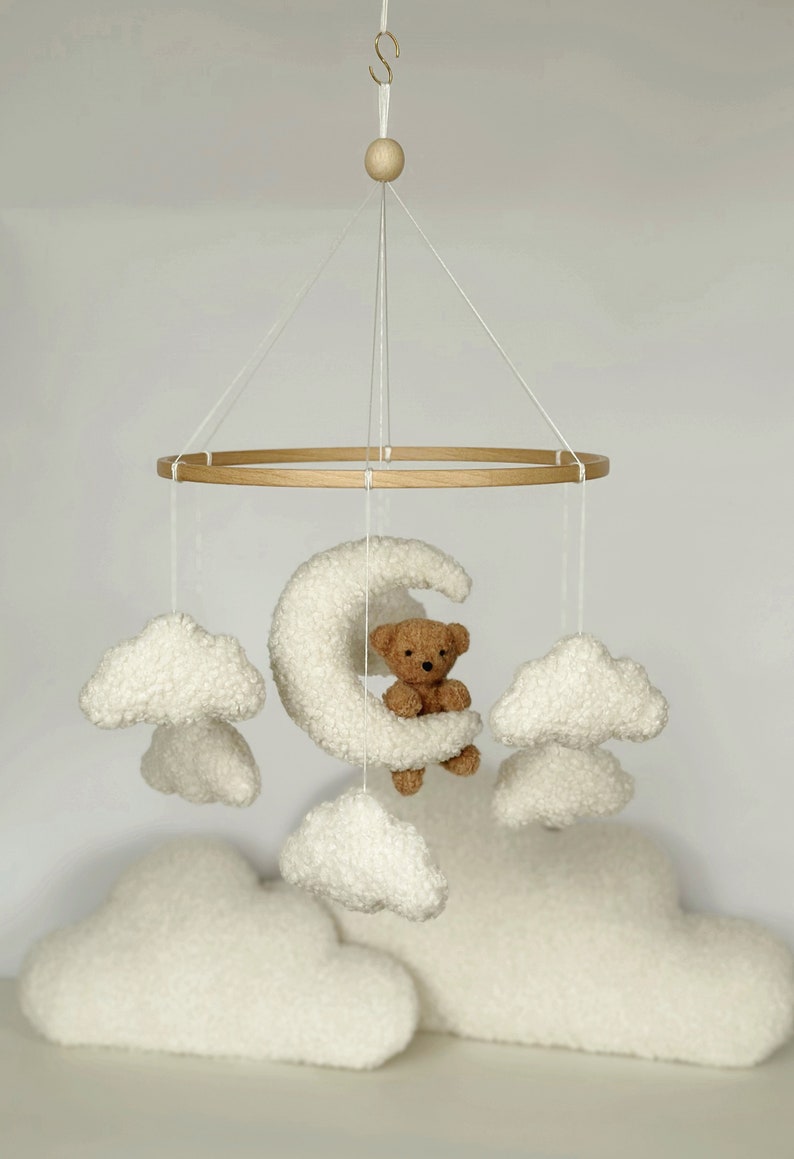 Mobile Teddy Bear boucle Clouds Boucle Neutral gender mobile Nursery decor boucle Pregnancy gift Clouds mobile Brown bear mobile zdjęcie 3