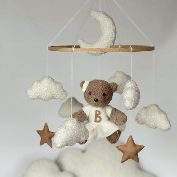 Teddy bear boucle Baby mobile Bear Moon and clouds boucle Nursery gender neutral mobile Personalised mobile Teddy Bear boucle Bear for girl