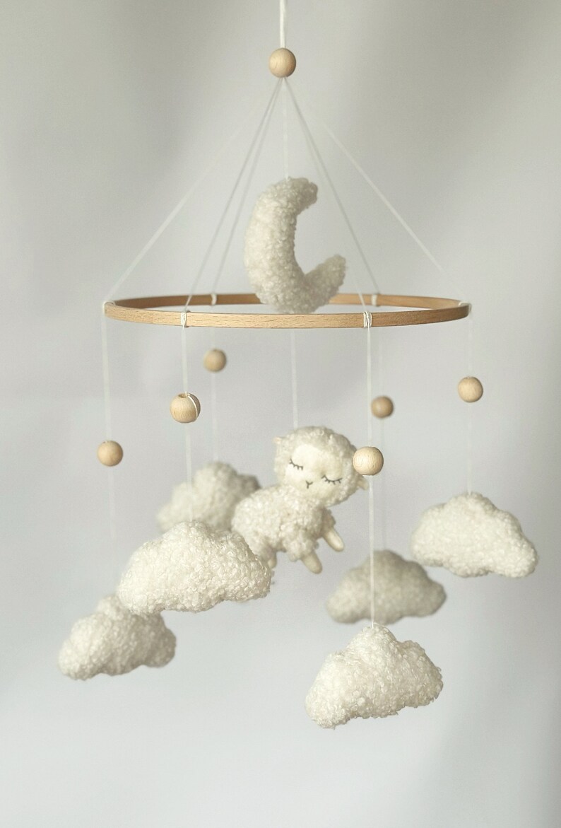 Baby mobile sheep lamb boucle Neutral gender crib mobile Boucle clouds moon sheep Mobile fluffy sheep Nursery on the farm Baby shower gift zdjęcie 9