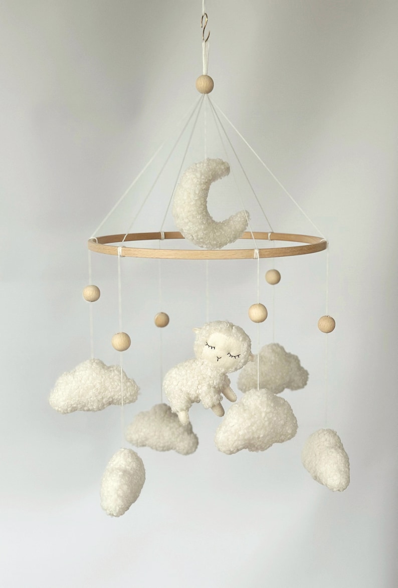 Baby mobile sheep lamb boucle Neutral gender crib mobile Boucle clouds moon sheep Mobile fluffy sheep Nursery on the farm Baby shower gift zdjęcie 8