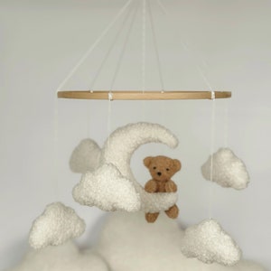 Mobile Teddy Bear boucle Clouds Boucle Neutral gender mobile Nursery decor boucle Pregnancy gift Clouds mobile Brown bear mobile zdjęcie 7