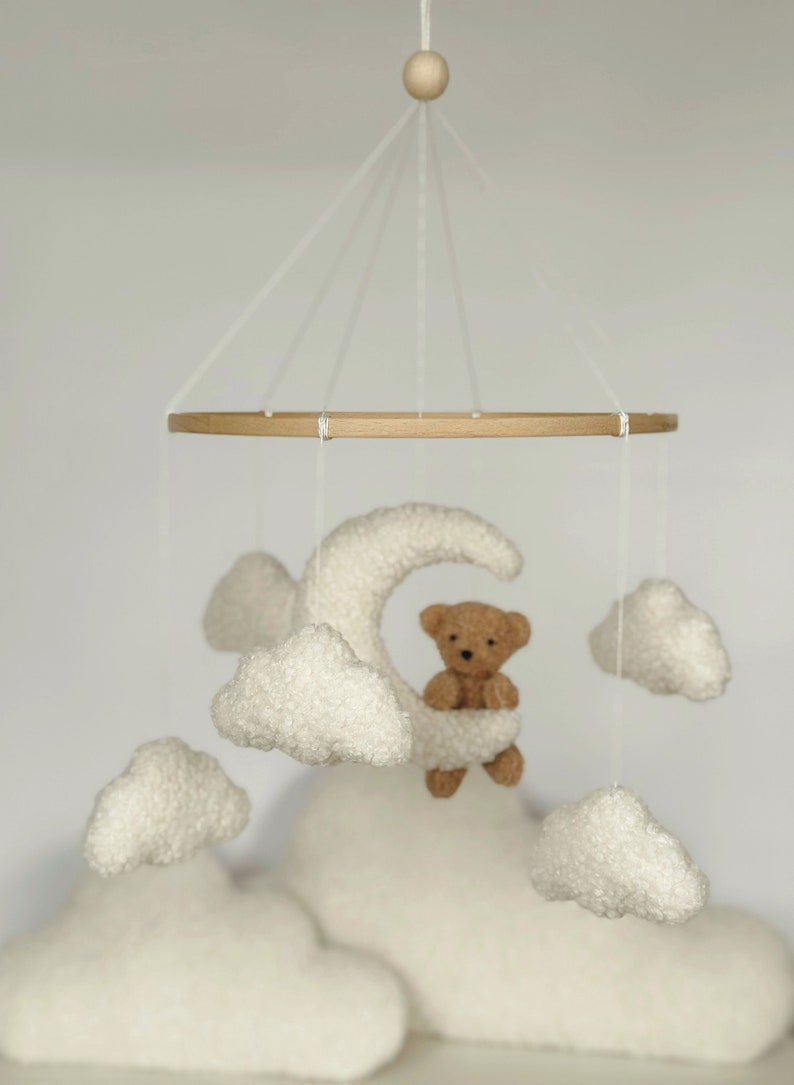 Mobile Teddy Bear boucle Clouds Boucle Neutral gender mobile Nursery decor boucle Pregnancy gift Clouds mobile Brown bear mobile zdjęcie 7