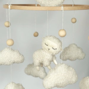 Baby mobile sheep lamb boucle Neutral gender crib mobile Boucle clouds moon sheep Mobile fluffy sheep Nursery on the farm Baby shower gift zdjęcie 4