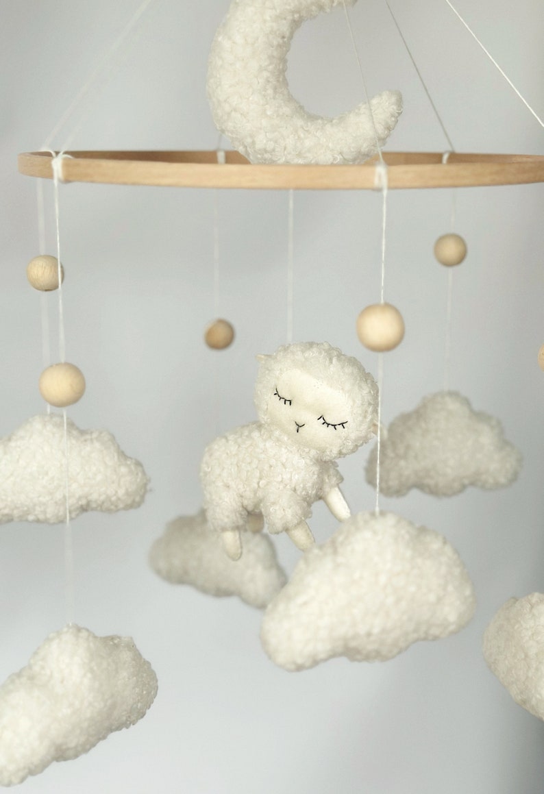 Baby mobile sheep lamb boucle Neutral gender crib mobile Boucle clouds moon sheep Mobile fluffy sheep Nursery on the farm Baby shower gift zdjęcie 4