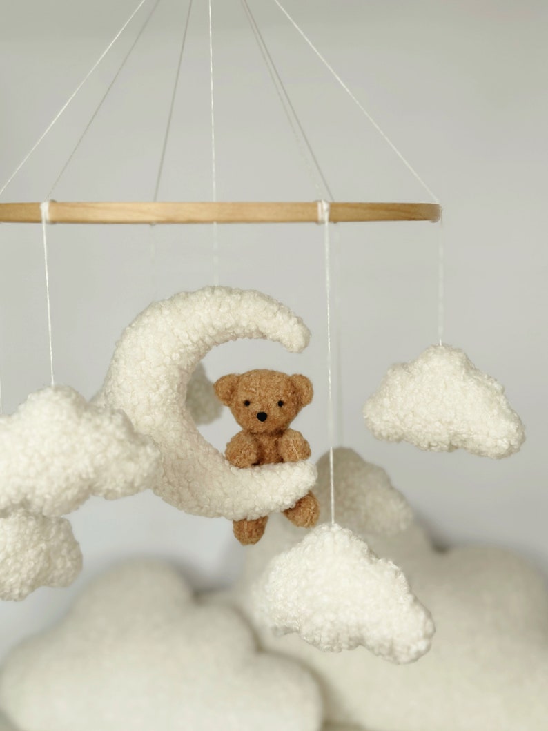 Mobile Teddy Bear boucle Clouds Boucle Neutral gender mobile Nursery decor boucle Pregnancy gift Clouds mobile Brown bear mobile zdjęcie 2