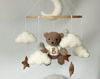 Teddy bear boucle Baby mobile Bear Moon and clouds boucle Nursery gender neutral mobile Personalised mobile Teddy Bear boucle Bear nursery