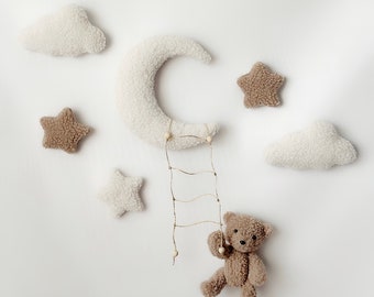 Teddy Bear Moon Stars Nursery Wall Decor: Bouclé Fabric Clouds