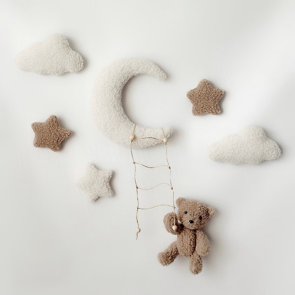 Decor for walls in the nursery Teddy Bear Moon Stars Wall decor bear clouds Neutral nursery decor Clouds decor Bear decor Neutral gender