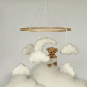 Mobile Teddy Bear boucle Clouds Boucle Neutral gender mobile Nursery decor boucle Pregnancy gift Clouds mobile Brown bear mobile zdjęcie 9