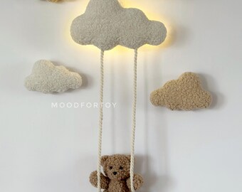 Nursery Cloud Light Set: Boucle Bear on Swing, Soft Wall Decor