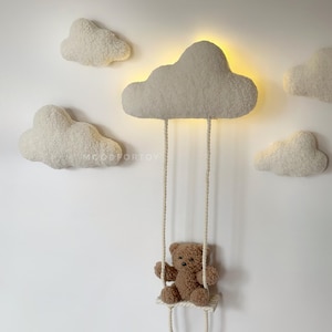 Wall decor nursery light bear boucle Sleeping lamp neutral gender decor Soft wall decor Light bear on a swing  Hanging wall decor Clouds