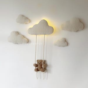 Nursery Wall decor clouds bear boucle Sleeping lamp neutral gender decor Soft wall decor Light bear on a swing  Hanging wall decor Clouds