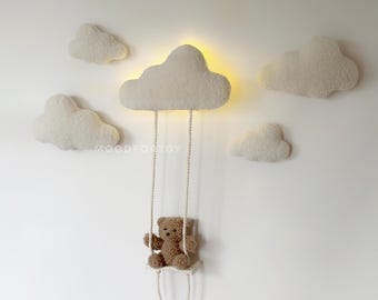 Boucle Bear on Swing: Nursery Wall Decor with Cloud Lamp